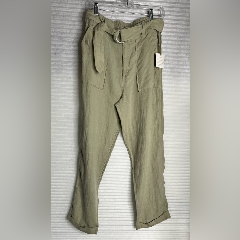 TAHARI 100% Linen khaki green pants womens L NWT belted high rise